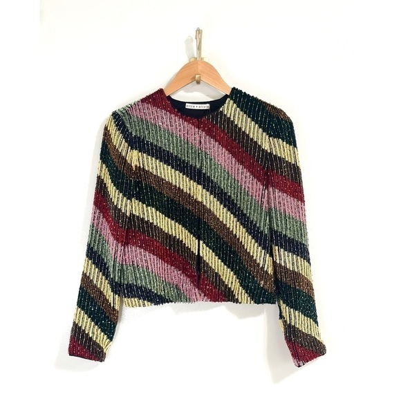NWT Alice + Olivia Sequin Silk Rainbow-Striped Kidman Cropped Jacket - Picture 2 of 8